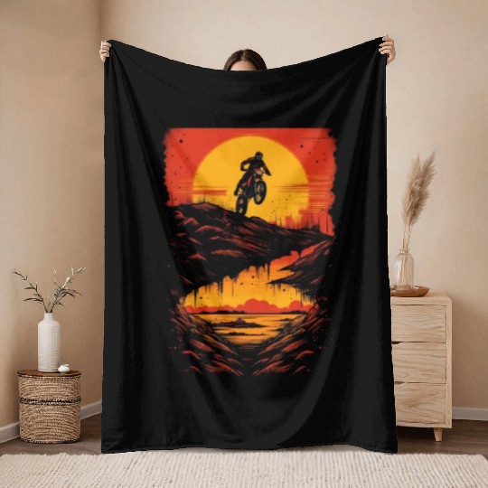Dirt Bike Jumping Dirt Mound Motorcycle Biker Throw Blankets