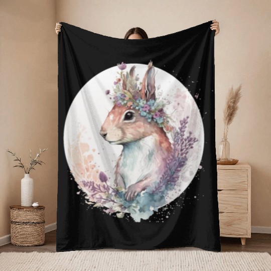 Cute Watercolor Squirrel Flower Crown Animal Lover Throw Blankets