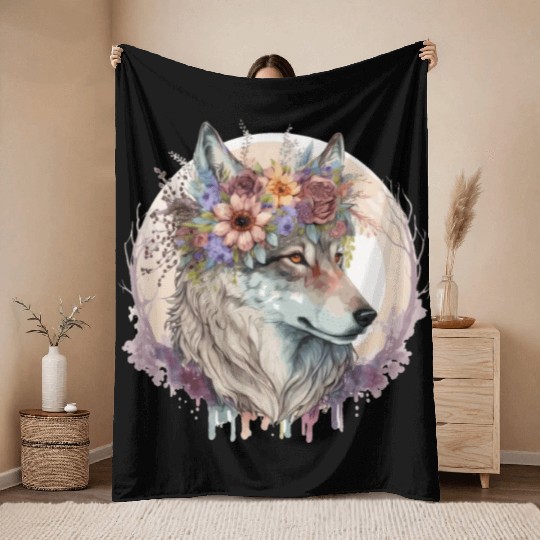 Cute Wolf Flower Crown Boho Aesthetic Animal Lover Throw Blankets