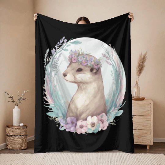 Cute Watercolor Otter Flower Crown Floral Boho Ani Throw Blankets