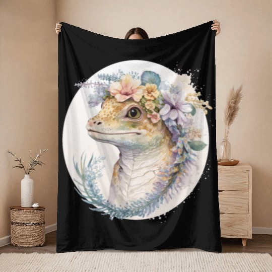 Watercolor Gecko Reptile Flower Crown Floral Amphi Throw Blankets