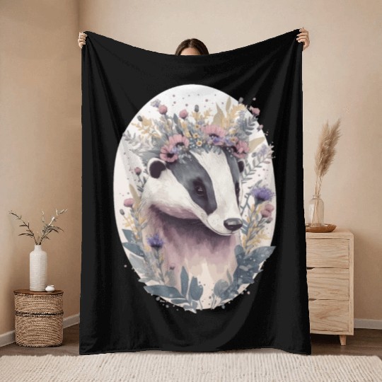 Cute Honey Badge Flower Crown Floral Watercolor A Throw Blankets