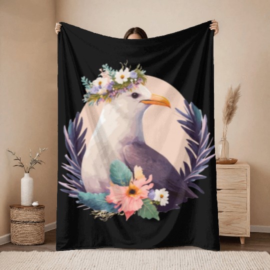 Cute Seagull Bird Flower Crown Floral Birds Throw Blankets