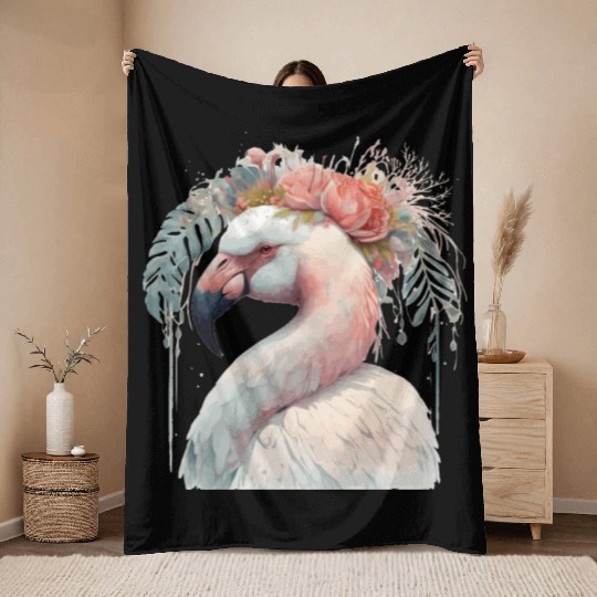 White Flamingo Exotic Bird Flower Crown Floral Tro Throw Blankets
