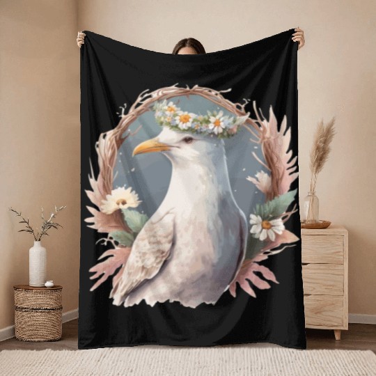 Seagull Bird Flower Crown Floral Seabirds Throw Blankets