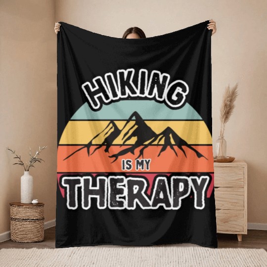 Hiking is my therapy retro color mountains Throw Blankets