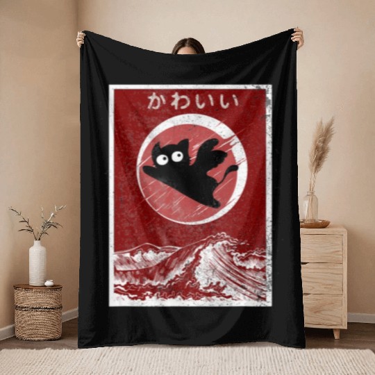 Kawaii Cat Japanese Black Anime Cat Throw Blankets