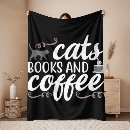 Cats Books And Coffee Feline Lady Cat Throw Blankets