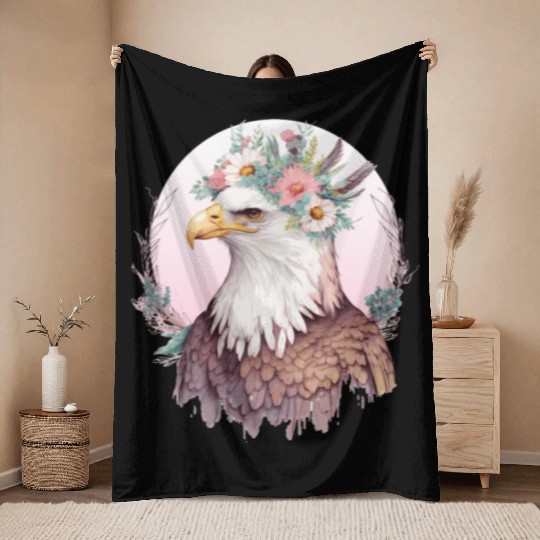 Birds Of Prey Bald Eagle Flower Crown Floral Birdi Throw Blankets
