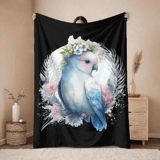 Cute Watercolor Lovebird Bird Flower Crown Pet Bir Throw Blankets