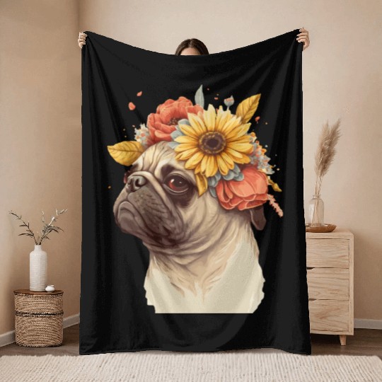 Cute Pug Flower Crown Pet Dog Breed Floral Puppy Throw Blankets