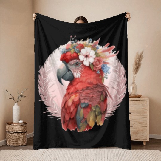 Red Scarlet Macaw Flower Crown Parrot Watercolor B Throw Blankets