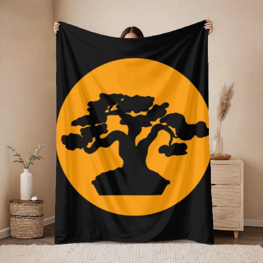 Japanese Bonsai Tree with Orange Sunset Throw Blankets