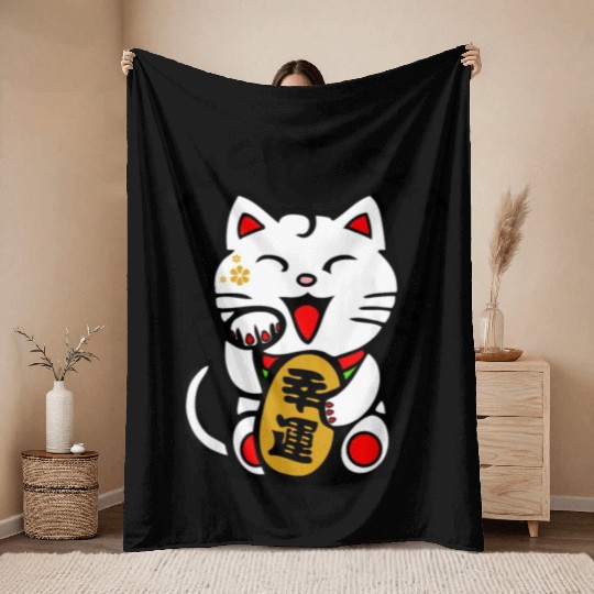Lucky Cat Maneki-Neko Japanese Luck Feng Shui Throw Blankets
