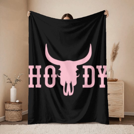 Howdy Cow Skull Western Cowboy Cowgirl Rodeo Howdy Throw Blankets