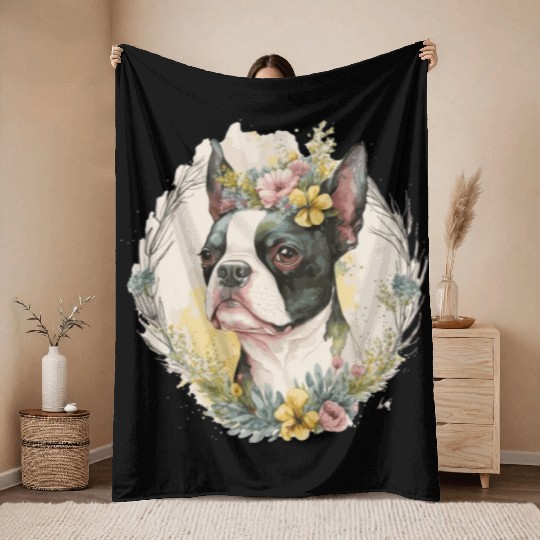 Cute Boston Terrier Flower Crown Pet Dog Breed Flo Throw Blankets