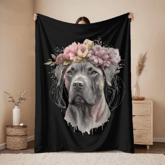Cute Cane Corso Flower Crown Pet Dog Floral Puppy Throw Blankets