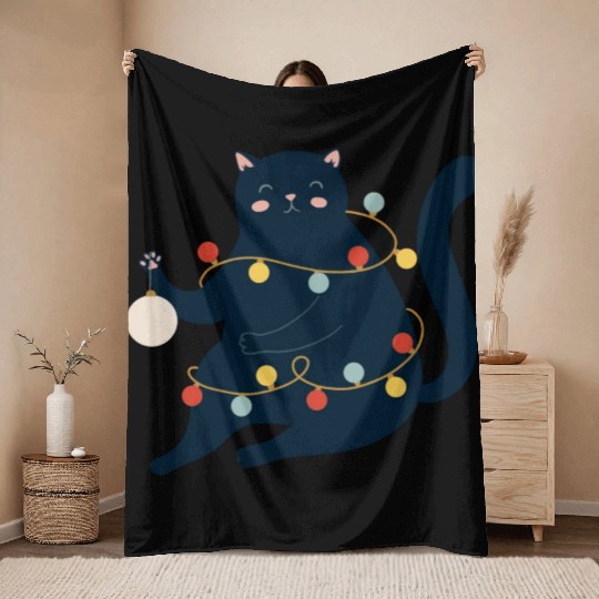 Black Christmas Lights Cat Throw Blankets