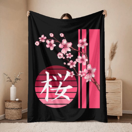 Sakura Flowers Spring Cherry Blossoms Japanese Kan Throw Blankets