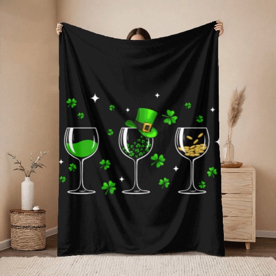 Three Wine Glasses Clover Shamrock St Patrick Day Throw Blankets