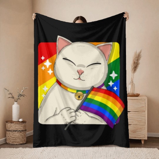 Cute Cat Holding LGBTQ Pride Flag Throw Blankets