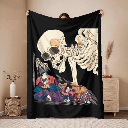 Kuniyoshi Samurai Killing Skeleton Spectre Ukiyo-E Throw Blankets