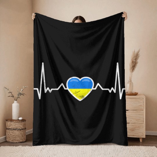 Heartbeat Ukraine Heart Ukrainian Flag Throw Blankets