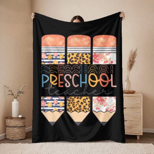 Preschool Teacher Funny Leopard Pencil Back To Sch Throw Blankets