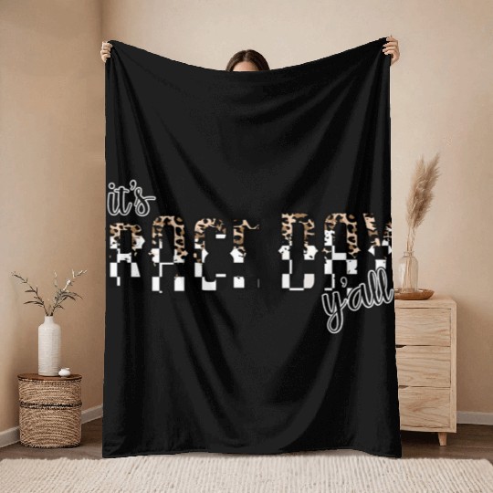 Leopard It'S Race Day Y'All Checkered Flag Racing Throw Blankets