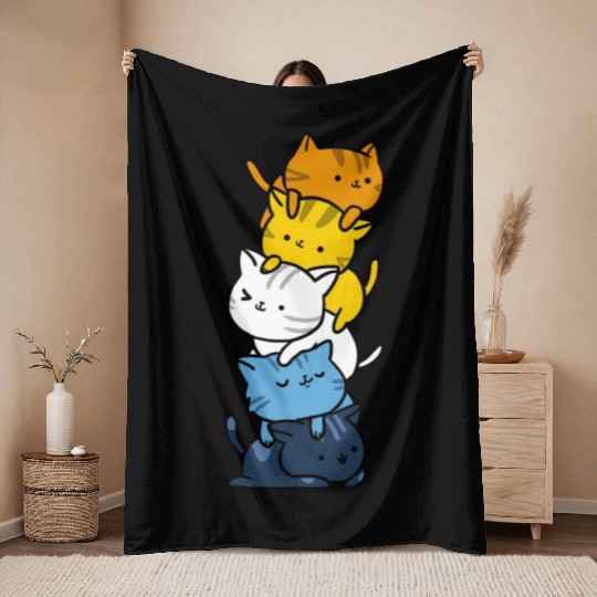 Kawaii Cat Pile Aroace Pride Flag Throw Blankets