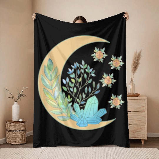 Floral Crescent Moon Healing Crystal Garden Witch Throw Blankets