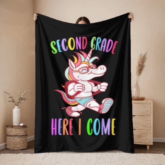 Second Grade Here I Come Unicorn Rainbow Back to S Throw Blankets
