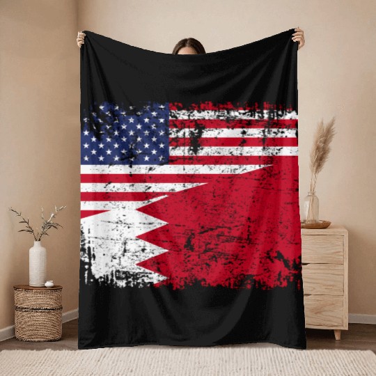 Bahraini Roots Half American Flag Usa Bahrain Flag Throw Blankets