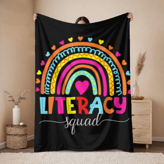 Literacy Squad Reading Teacher Rainbow Back To Sch Throw Blankets