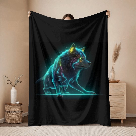 Neon Moon Wolf Throw Blankets