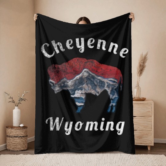 Cheyenne Wyoming With Flag Themed Mountain Scenery Throw Blankets