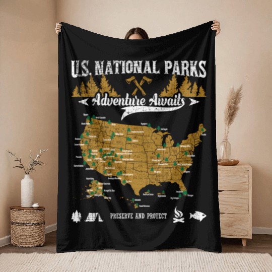 Us National ParAdventure Awaits Hiking Camping Throw Blankets