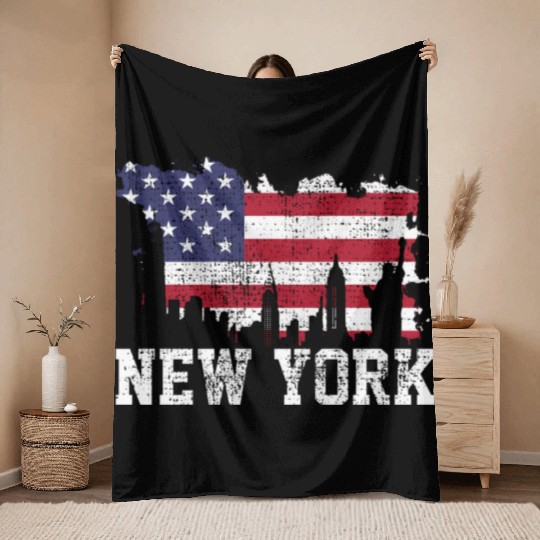 New York City Nyc Skyline Usa Flag America Throw Blankets