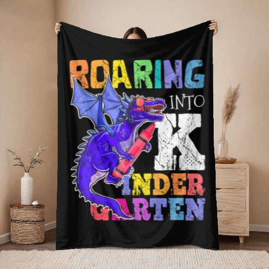 Roaring into Kindergarten Dragon Back to School Gi Throw Blankets