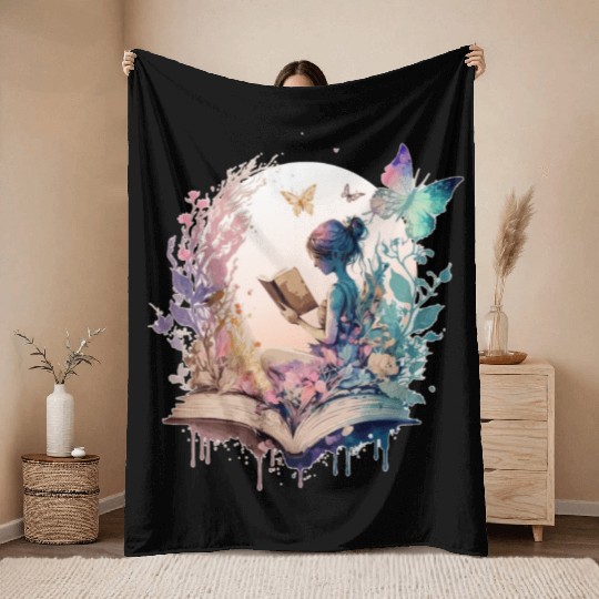 Cottagecore Watercolor Book Fairy Butterfly Librar Throw Blankets