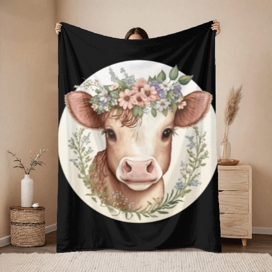 Cottagecore Cute Baby Cow Calf Floral Farm Animal Throw Blankets