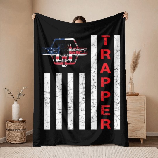 American Flag Trapping For Trappers And Hunters Throw Blankets