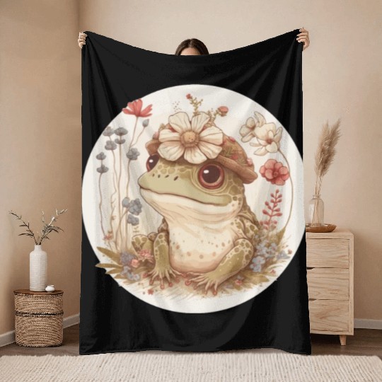 Cottagecore Cute Frog Toad Flower Crown Dark Acade Throw Blankets