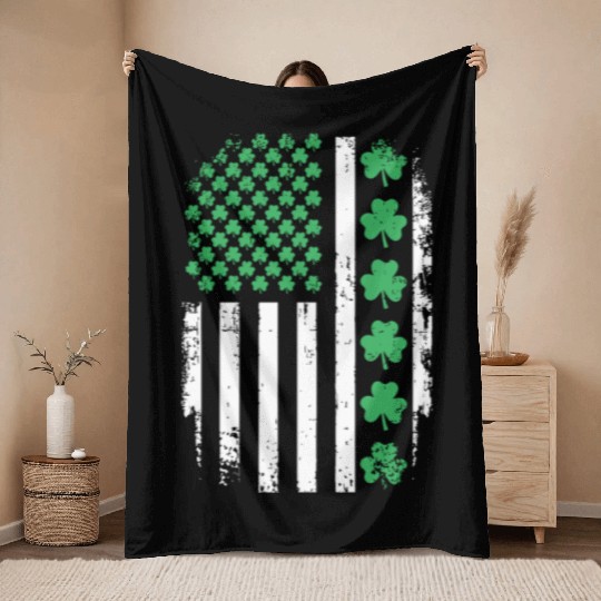 US American Flag With Shamrocks for St Patricks da Throw Blankets