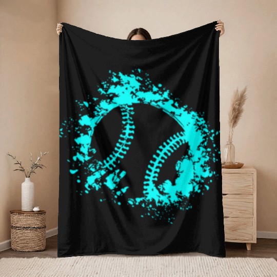 Softball Distressed Ball Teal Black Throw Blankets