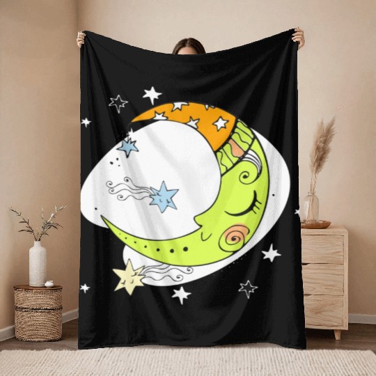 Kawaii Moon Flowers Floral Aesthetic Soft Girl Throw Blankets