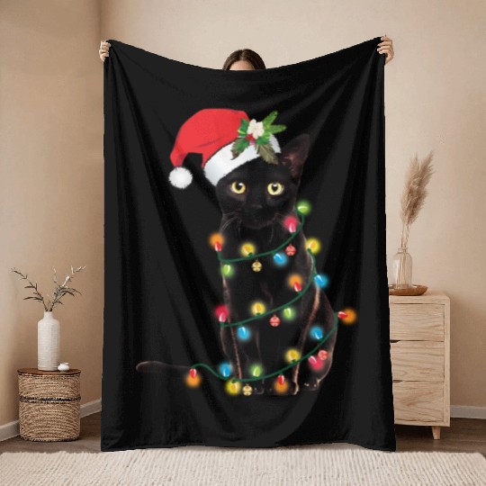 Black Cat Santa Tangled Up In Lights Throw Blankets