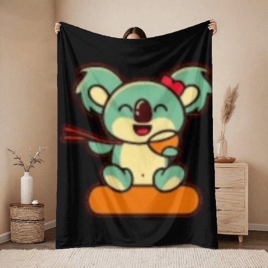 Koala Retro Pocket Design eats with chopsticks Throw Blankets