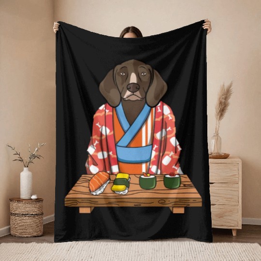 Kawaii Japanese German Shorthaired Pointer Kimono Throw Blankets