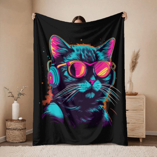 80s Cat Music Throw Blankets